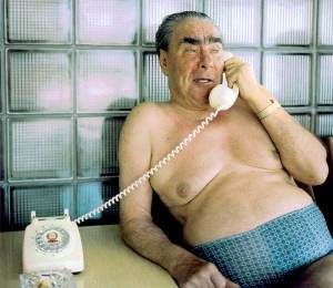 Photo of Leonid Brezhnev, in trunks and with telephone