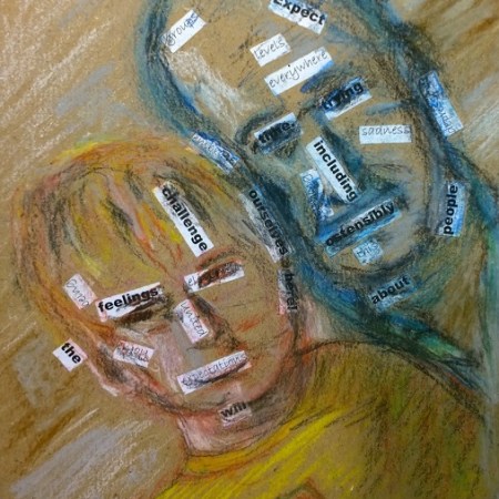 Jonah and his papa, Biarritz long ago, collage drawing by William Eaton, March 2017