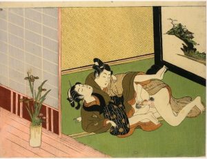 Shunga, Colour woodblock print, Lovers with iris in a vase, attributed to Isoda Koryusai (磯田湖龍齋),