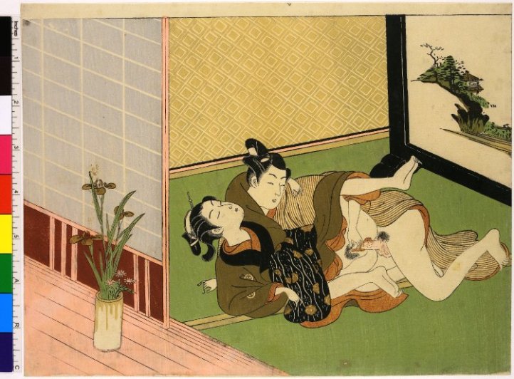 Shunga, Colour woodblock print, Lovers with iris in a vase, attributed to Isoda Koryusai (磯田湖龍齋), 1772-1773, collection of the British Museum