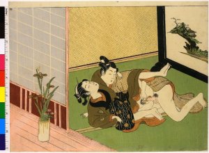 Shunga, Colour woodblock print, Lovers with iris in a vase, attributed to Isoda Koryusai (磯田湖龍齋),