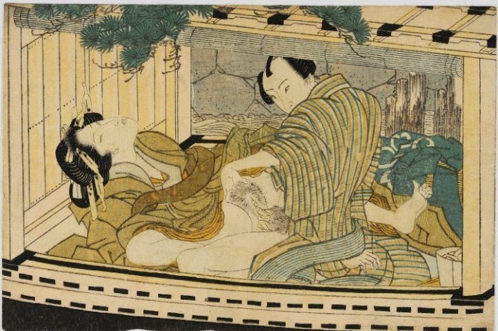 Shunga print, Lovers and boat, school or style of: Katsushika Hokusai (葛飾北斎) or of Utagawa, early 19th century, collection of British Museum