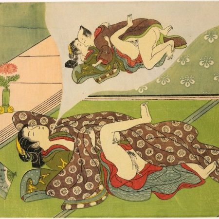 Shunga, Woman dreaming of making love - Woodblock-printed. (According to register, late reprint), attributed to Ippitsusai Buncho (一筆斉文調), circa 1770, collection of the British Museum
