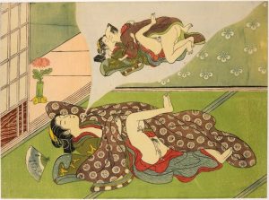 Shunga, Woman dreaming of making love - Woodblock-printed. (According to register, late reprint), attributed to Ippitsusai Buncho (一筆斉文調), circa 1770, collection of the British Museum