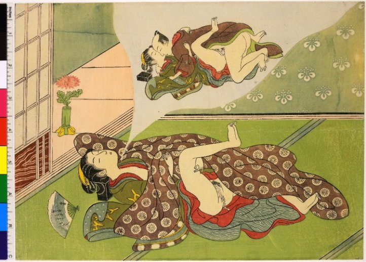 Woman dreaming of making love - woodblock-printed, attributed to Ippitsusai Buncho (一筆斉文調), circa 1770, Shunga collection of the British Museumction of the British Museum
