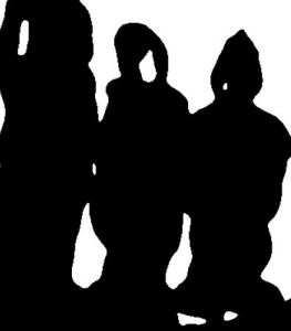 Three women in black, tube-y, down jackets, from drawing by William Eaton, 2017