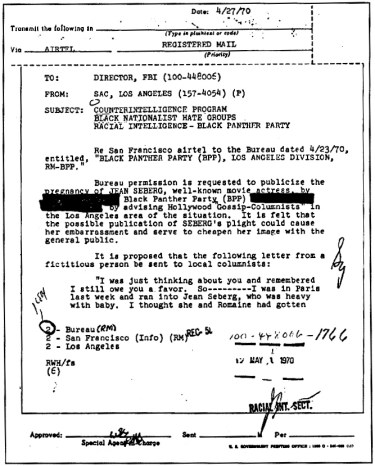 FBI vs Jean Seberg; copy of FBI inter-office memo