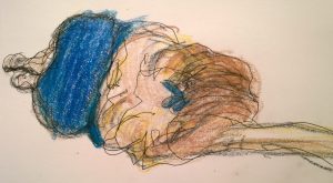 Lyon Plage, blue suit, drawing by William Eaton, pen and crayon, July 2017