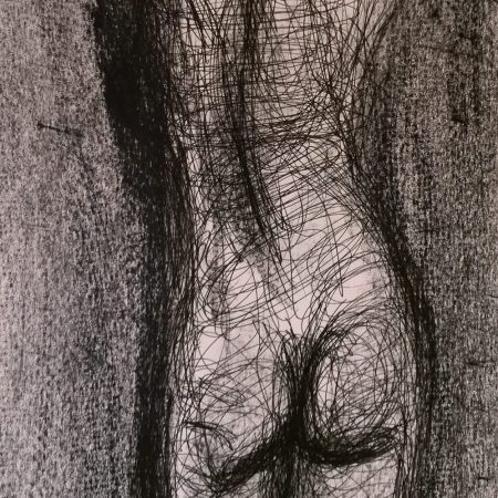 Eva, Art Students League, May 2017, pen and litho crayon, by William Eaton (with background)