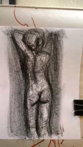 Eva, Art Students League, May 2017, pen and litho crayon, by William Eaton (with background)