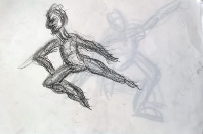 Leaping dancer with shadow behind, litho crayon, June 2017, William Eaton