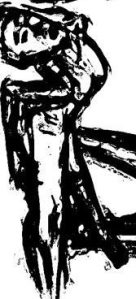 Snip from (rotated) drawing of Maria (fish pose), 14 June 2017, ASL, modern dance night, based on charcoal drawing by William Eaton