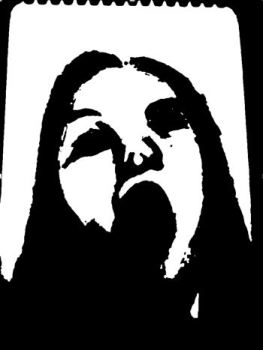 Woman, mouth open, all black, from drawing by William Eaton, 2017