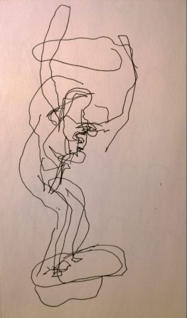 Working out (Holmes Place, Geneva), pen drawing in dark with eyes covered, by William Eaton, 23 June 2017