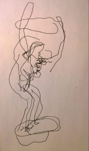 Working out (Holmes Place, Geneva), pen drawing in dark with eyes covered, by William Eaton, 23 June 2017