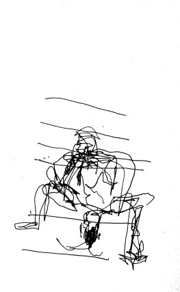 Man on steps, pen drawing in the dark, by William Eaton, June 2017