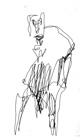 Man with fence-like stomach, pen drawing in the dark, by William Eaton