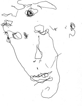 Moon-face self portrait, pen drawing in the dark, by William Eaton, June 2017