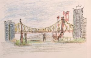 Two bridges, East River, seen from UN North Lawn, pen and colored pencils, William Eaton, 2017