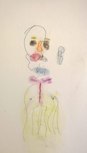 After surgery and haircut, self-portrait, pen, colored pencils and water, by William Eaton, Aug 2017