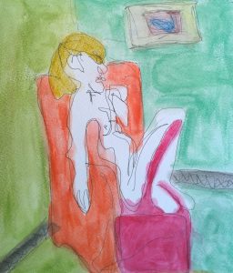 Après Félix Vallotton, Femme au fauteil rouge, pen, colored pencil and water, drawing by William Eaton, Musée Grenoble, Aug 2017