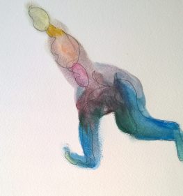 Colorful woman on slant, pen, colored pencils and water drawing by William Eaton, Aug 2017