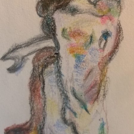 After Schiele, Crouching Nude in Shoes and Black Stockings, Back View, from MET, crayon drawing by William Eaton, April 2017