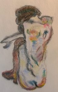 After Schiele, Crouching Nude in Shoes and Black Stockings, Back View, from MET, crayon drawing by William Eaton, April 2017
