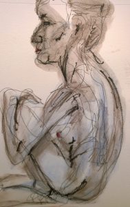 Erica seated, pen and watercolor drawing by William Eaton, Sep 2017