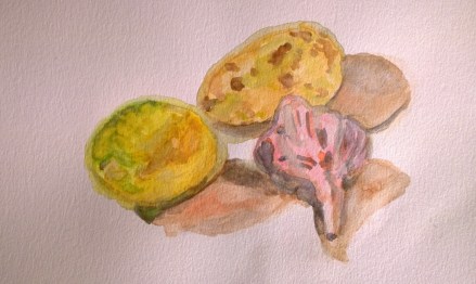 Lemon, potato, garlic, colored pencil and water, by William Eaton, Sep 2017