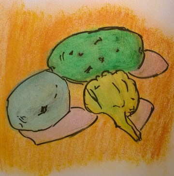Potato, garlic & lemon in odd colors, drawing by William Eaton, 2017
