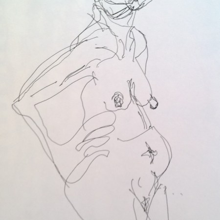 Monica with big hand, quick pen, by William Eaton, Dec 2017 - 1