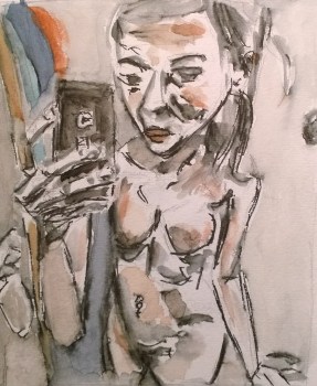 Nude with Cellphone, drawing-watercolor by William Eaton, Jan 2018 - 2