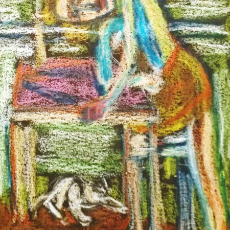 After Balthus, oil pastel drawing by William Eaton (doctored), 2018