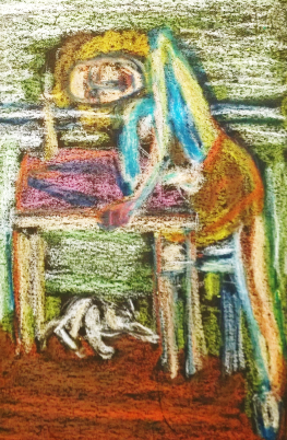 After Balthus, oil pastel drawing by William Eaton (doctored), 2018