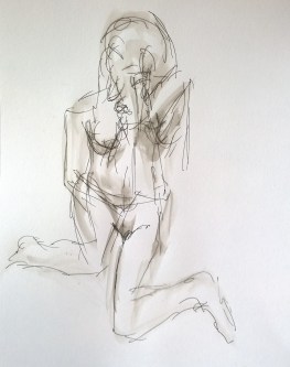 Model, legs akimbo, pen and water, drawing by William Eaton, 30 May 2018 - 1