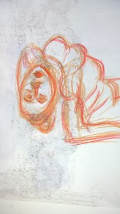 dancer, fish pose, in red, by William Eaton