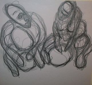 Drummers, male & female, Woodstock drumming circle, drawing by William Eaton, Sep 2018