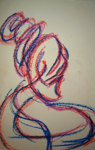 Woman in red and blue, Woodstock drumming circle, Magic Meadow, 24 Sep 2018, oil pastel drawing by William Eaton