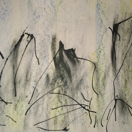 Woods sculpture, left ensemble, drawing with reed pen by William Eaton, Sep 2018 - 1