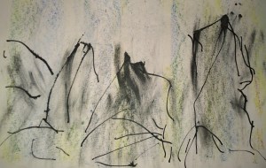 Woods sculpture, left ensemble, drawing with reed pen by William Eaton, Sep 2018 - 1