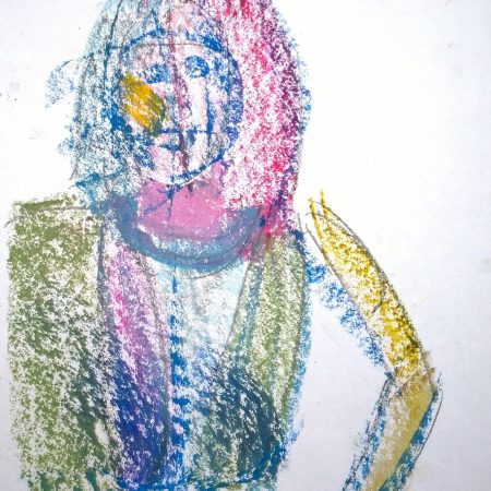 The woman with the yellow cheek, oil pastel by William Eaton, Radio Bean, Burlington, VT, Oct 2018