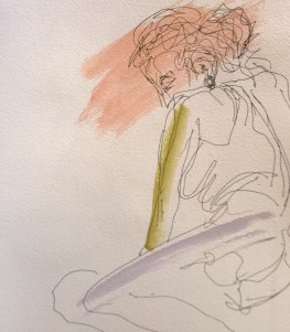 Evelyn with pen and slashes of color, by William Eaton