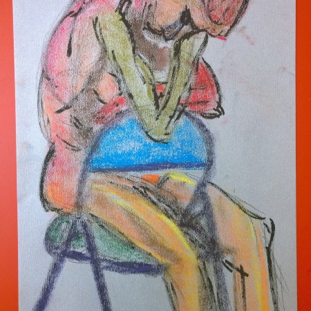 Nude woman in chair, color stick and brush pen drawing by William Eaton