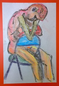 Nude woman in chair, color stick and brush pen drawing by William Eaton