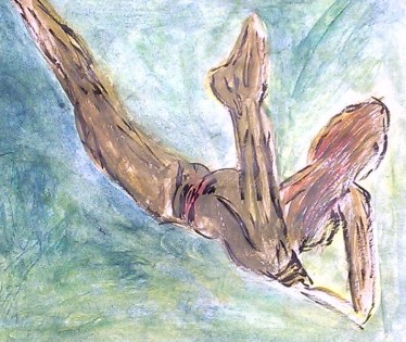 Nude swimmer, legs spread, watercolor by William Eaton