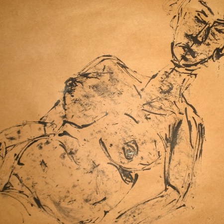 Preganant woman, portrait, reed pen on kraft paper, by William Eaton