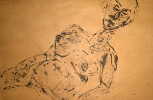Preganant woman, portrait, reed pen on kraft paper, by William Eaton