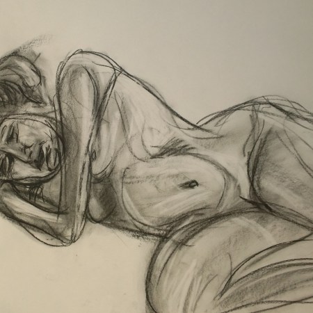 Young woman nude, on side, chacoal sketch by William Eaton, Aug 2019 - 1