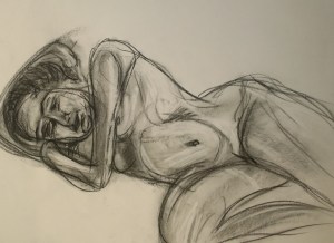 Young woman nude, on side, chacoal sketch by William Eaton, Aug 2019 - 1
